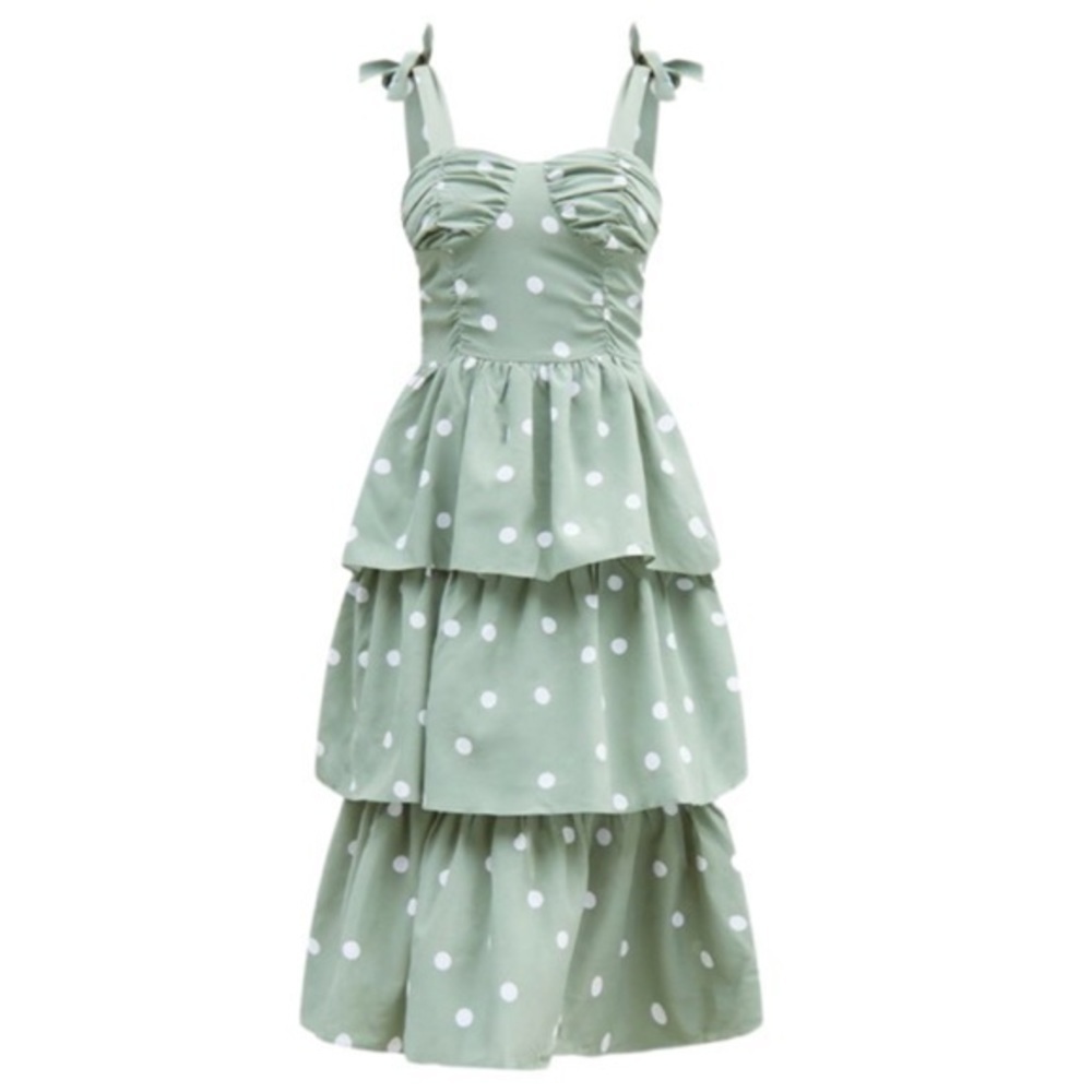PrettyLittleThing Polka Dot Structured Bodice Tie Strap Tiered Midi Dress NEW - Picture 4 of 10